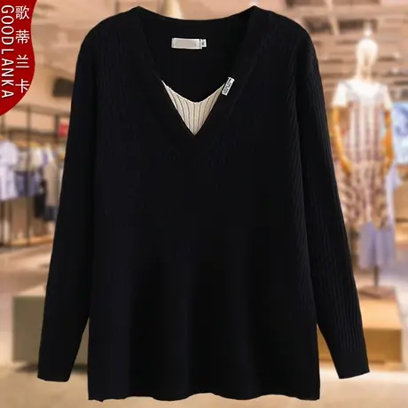 加大码中年妈妈春装长袖打底衫上衣宽松洋气V领假两件坑条针织衫商品大图