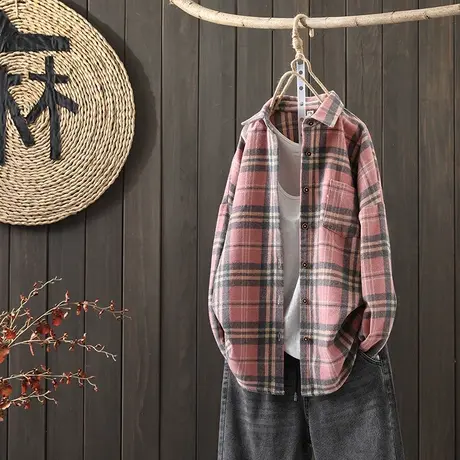 枫谜2021年春装新款文艺简约磨毛格子衬衫女宽松休闲百搭上衣外套商品大图