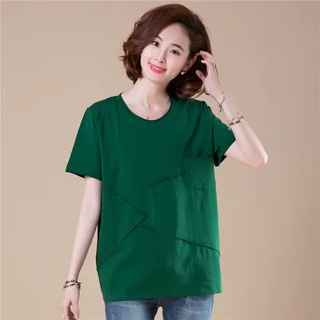 夏季加大码宽松短袖T恤女全棉中长款纯色中年妈妈显瘦体恤女圆领商品大图