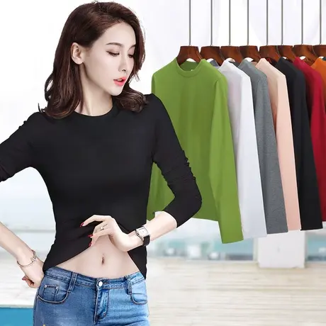 螺纹棉质打底衫女妈妈可内外穿搭小圆中立半高领长袖t恤修身秋衣商品大图