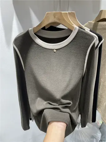 欧货圆领撞色钉珠长袖T恤女2023秋冬新款休闲百搭亲肤打底衫上衣商品大图