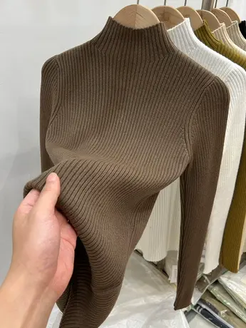 半高领坑条显瘦毛衣女2023秋冬新款纯色内搭加厚针织衫打底衫上衣商品大图