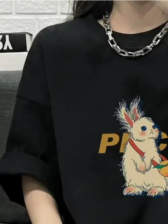 大码宽松短袖t恤女兔子图案2023年新款港味中长款女装夏季设计感T图片