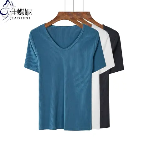 夏季新款韩版纯棉V领宽松休闲纯色坑条短袖体恤上衣内搭女打底衫商品大图