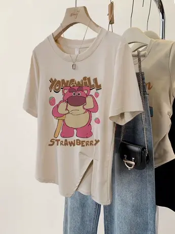 胖mm显瘦女装上衣夏不规则遮肚开叉下摆短袖ins潮大码韩版正肩T恤商品大图