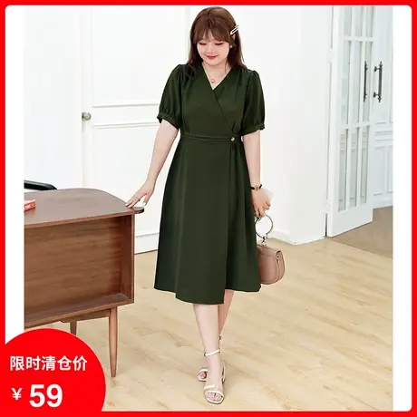 2023年夏装新款V领法式设计感泡泡袖显瘦大码胖MM连衣裙长款A字裙商品大图