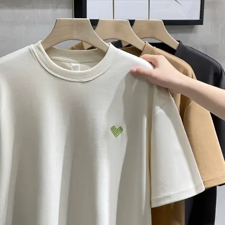 美式休闲爱心重磅潮流体恤落肩短袖T恤男款春夏宽松白色半袖上衣商品大图
