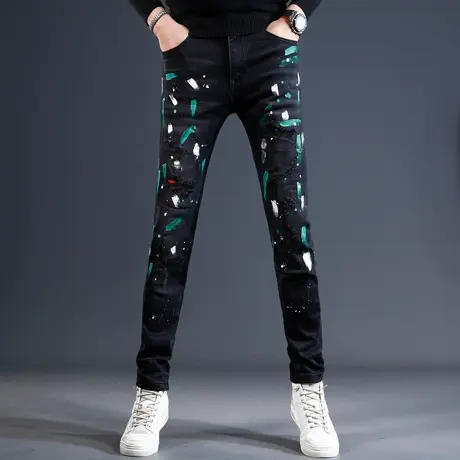 黑色破洞牛仔裤男潮破补丁泼墨修身小脚裤秋冬款个性男士裤子潮流商品大图