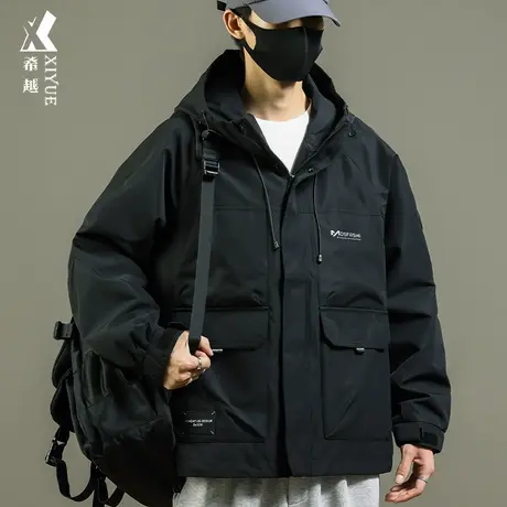 希越户外防水防风夹克男秋冬款工装风运动外套宽松大码连帽冲锋衣商品大图