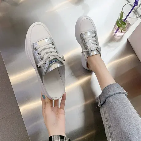 包头半拖鞋女2024春季新款外穿无后跟厚底增高懒人凉拖小白松糕鞋商品大图