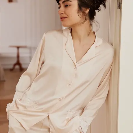 弗利少女睡衣女长袖家居服套装仿真丝高级缎感可外穿春夏透气舒适商品大图