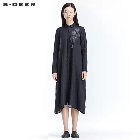 sdeer圣迪奥女装2018春装流苏过膝亚麻中长款长袖衬衫S17180534图片