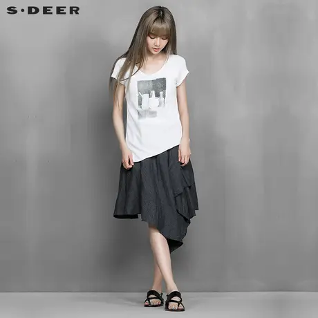 sdeer圣迪奥女装素描瓶绘层次拼叠开衩摆连衣裙S15281229图片