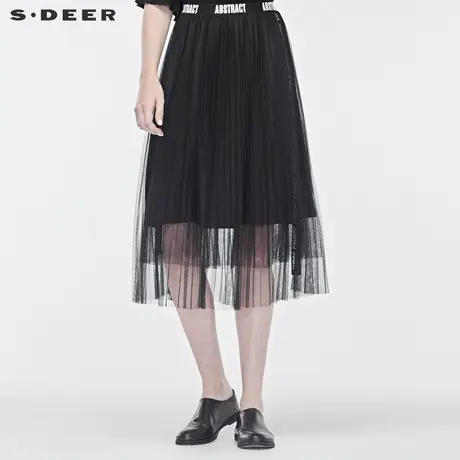 sdeer圣迪奥2019秋装新款撞色字母网纱拼接A字半身长裙S19181110🌌图片