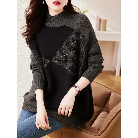 半高领毛衣女秋冬季2023新款宽松慵懒风打底衫针织黑色烫钻上衣女图片
