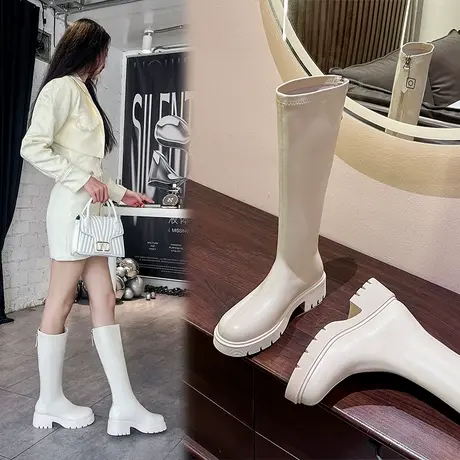 长筒靴女2023年新款秋冬圆头粗跟厚底增高骑士靴小个子不过膝长靴图片