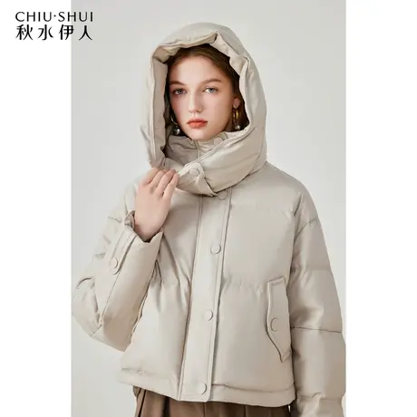 秋水伊人黑色PU皮羽绒服2023年冬季新款女装短款加厚面包服外套商品大图