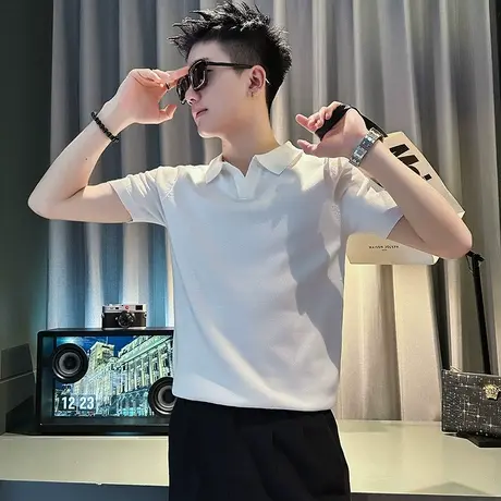 夏季男polo衫短袖t恤修身韩版设计感针织半袖潮流半截袖纯色百搭商品大图