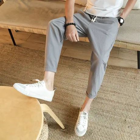 夏季男士亚麻裤子韩版潮流9分休闲裤潮牌八分修身显瘦小脚九分裤商品大图