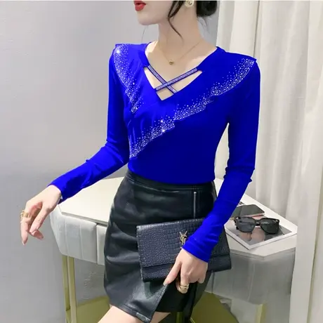 性感交叉V领打底衫长袖网纱时尚镂空重工荷叶边烫钻上衣女修身T恤图片