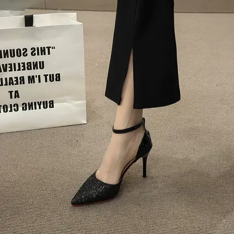 法式高级感单鞋女2023年新款中空一字扣带鞋子尖头小众细跟高跟鞋商品大图