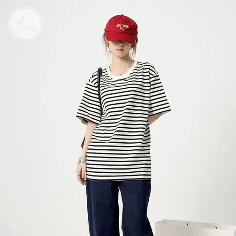 yoe夏装黑白条纹t恤女oversize小众女装休闲内搭短袖半袖上衣体恤商品大图
