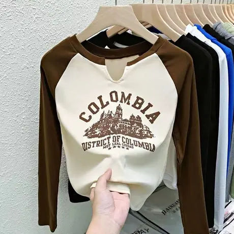 欧货印花V领上衣2024春季新款小个子修身正肩长袖T恤打底衫女内搭商品大图