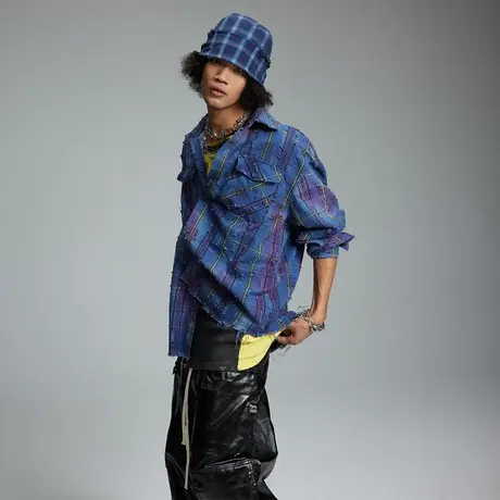 美式复古街头潮牌格子衬衫女春秋2024新款情侣装宽松oversize衬衣图片