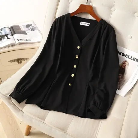 2024春季新款韩女装大码版胖mm黑色显瘦V领上衣长袖遮肚宽松衬衫图片