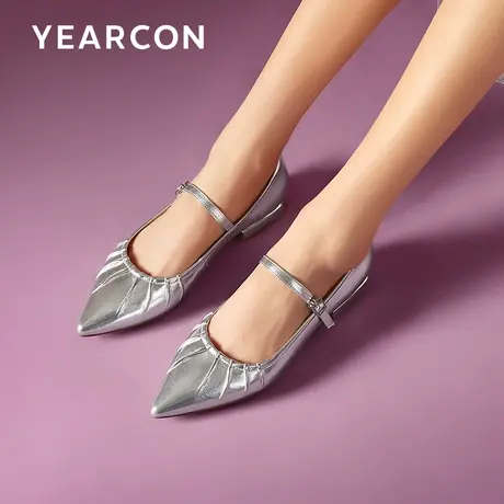 意尔康高级感玛丽珍鞋2025春季新款低跟晚晚鞋尖头法式单鞋女银色图片