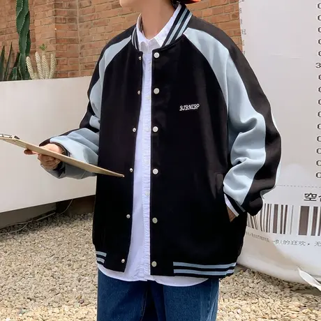 秋冬新款撞色拼接美式棒球服男女情侣潮ins港风宽松休闲夹克外套商品大图