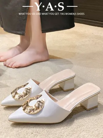 外穿百搭穆勒鞋女春夏软皮尖头低跟粗跟包头半拖鞋懒人中跟凉拖鞋商品大图