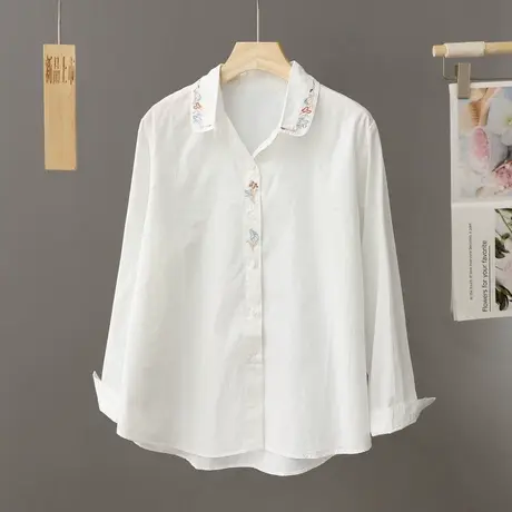 文艺小清新刺绣宽松纯棉白衬衫女上衣春秋2024年新款小个子打底衫图片