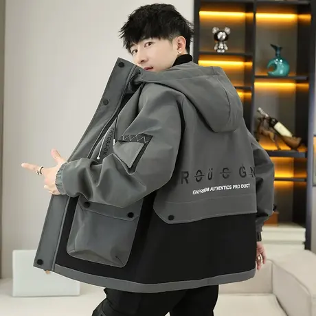 工装夹克男秋冬款加绒加厚连帽外套男春秋派克服青少年防寒冲锋衣商品大图