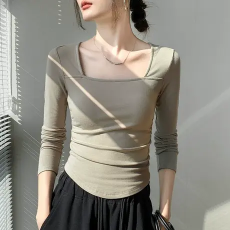 方领长袖T恤女2024春季新款正肩修身显瘦纯色简约西装内搭打底衫商品大图