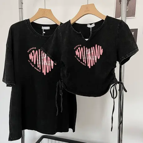 水洗做旧露脐短款上衣女夏季小众设计感纯欲风辣妹v领短袖t恤ins图片