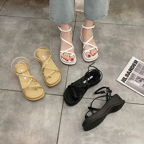 法式仙女晚晚风罗马凉鞋女夏季中跟2024年新款时装厚底坡跟一字带商品大图