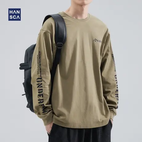 hansca 圆领卫衣男春季重磅纯棉宽松日系休闲印花潮流百搭长袖t恤商品大图