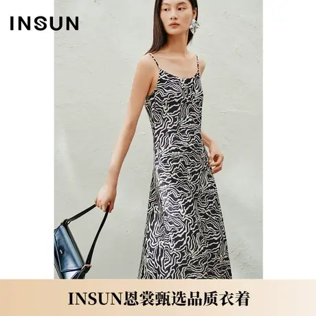 INSUN恩裳夏季斑马纹弹力缎桑蚕丝吊带连衣裙图片