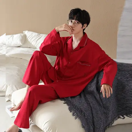 婷美纯棉男士睡衣春秋季长袖长裤全棉家居服套装大红色本命年喜庆商品大图