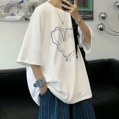 线条爱心美式潮流纯棉宽松落肩短袖T恤男夏季薄款情侣半袖上衣服商品大图