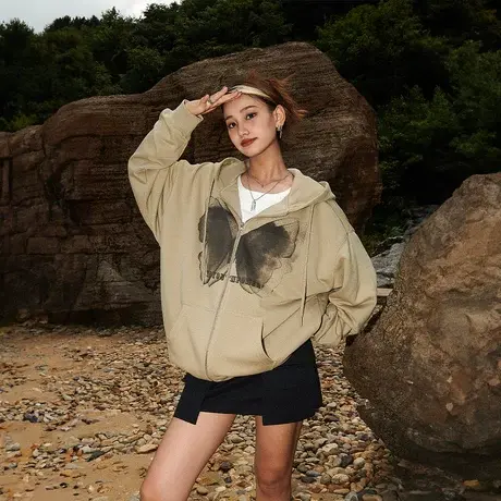 YEP复古蝴蝶印花开衫卫衣女春秋连帽外套2023年新款情侣宽松上衣商品大图