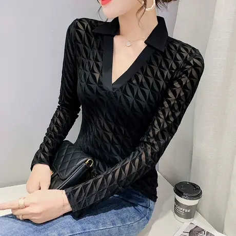 性感透视V领T恤女长袖欧货辣妹网纱上衣2023春季新款修身打底衫潮商品大图