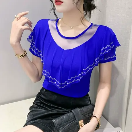 欧货荷叶边短袖T恤女2023夏季新款性感网纱上衣纯色百搭修身小衫商品大图
