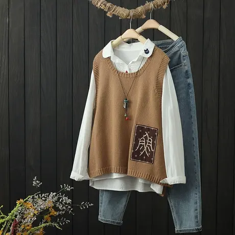 复古贴布棉线针织马甲女士背心秋季新款圆领套头坎肩上衣宽松马夹商品大图