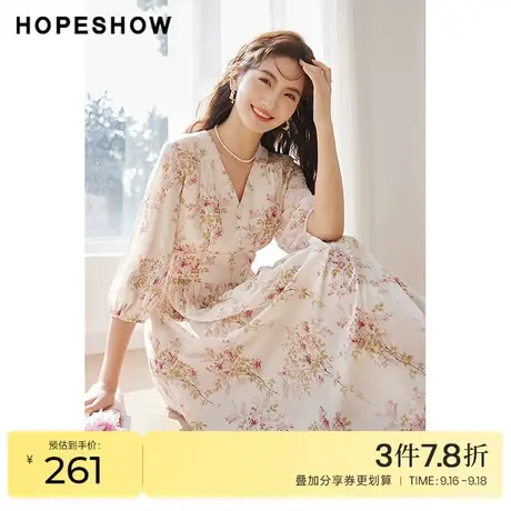 红袖outlets粉色碎花裙hopeshow2023春季新款女灯笼袖收腰连衣裙图片