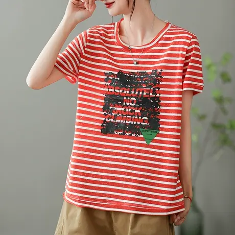 dza条纹纯棉短袖T恤女2023夏季薄款圆领打底体恤宽松显瘦套头上衣商品大图