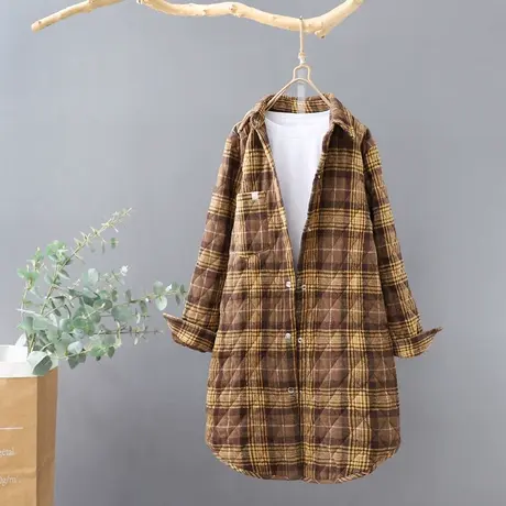 韩范冬季格子长袖加厚衬衫女宽松中长款保暖上衣夹棉外套衬衣开衫商品大图