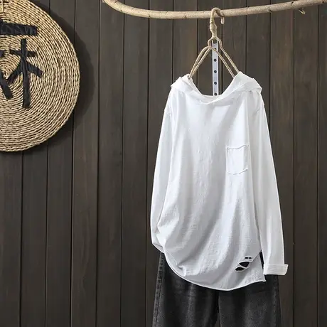 枫谜2021年春装文艺简约连帽破洞长袖T恤女休闲百搭纯棉内搭上衣图片