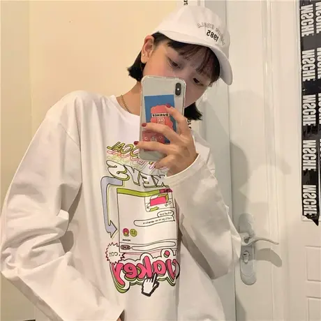 新款韩版秋冬装百搭宽松bf慵懒风盐系原创自制圆领长袖卫衣女T恤商品大图